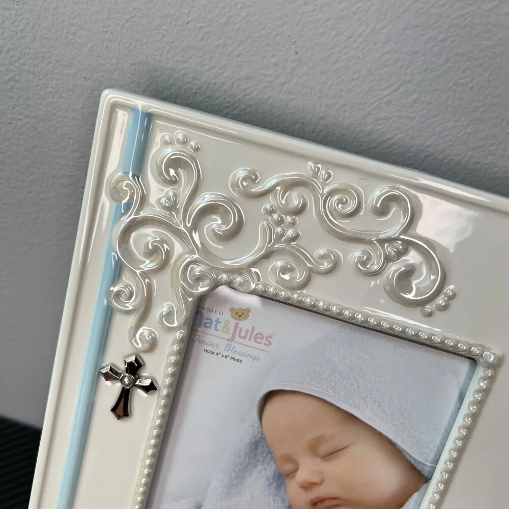 Demarco Nat & Jules Baby Boy Christening Picture Frame Ceramic With Cross Blue